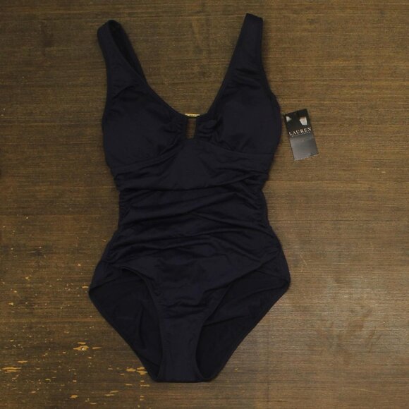 NWT Lauren Ralph Lauren Over-The-Shoulde One Piece Swimsuit Dark Navy Blue 4 - Picture 4 of 7